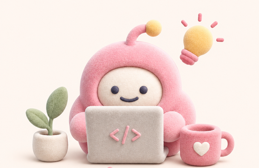 ノートパソコンでコードを書くPelmoa Labsのマスコット。となりに観葉植物とハートのマグカップ。